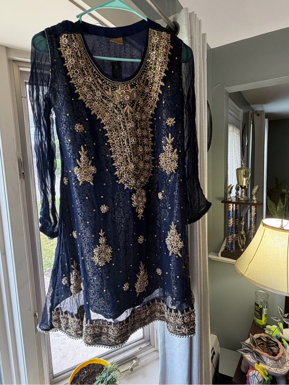 Women's Navy Embroidered Kurta Tunic with Gold Detailing